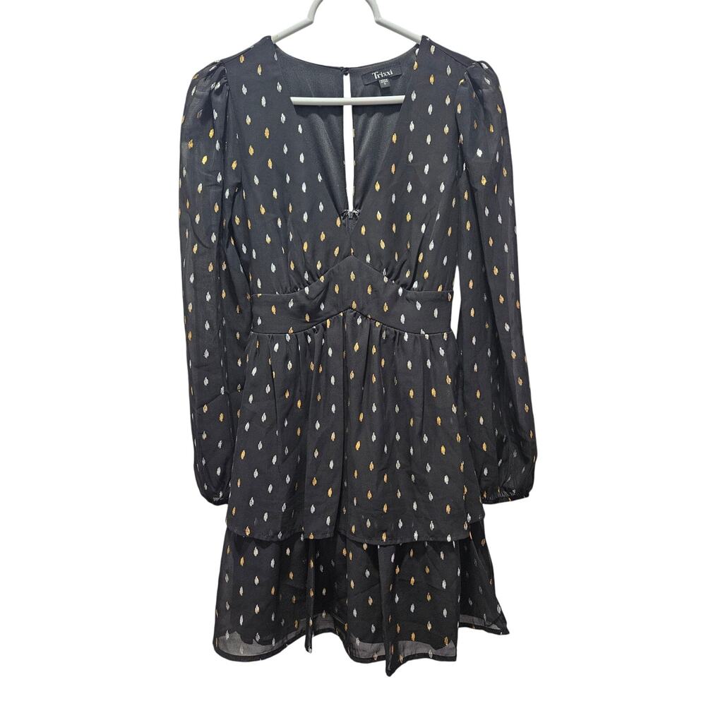 Trixxi Y2K Babydoll Deep V Sheer Long Sleeve Tiered Mini Dress Black Metallic  S